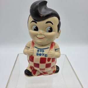 Vintage Big Boy Bank Coin Bank Plastic Figure Red Checkered Overalls Advertising